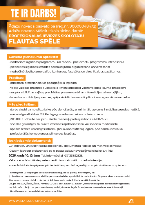 TE IR DARBS! PROFESIONĀLĀS IEVIRZES SKOLOTĀJS – FLAUTAS SPĒLE