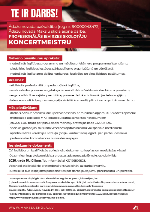 TE IR DARBS! PROFESIONĀLĀS IEVIRZES SKOLOTĀJS - KONCERTMEISTRS